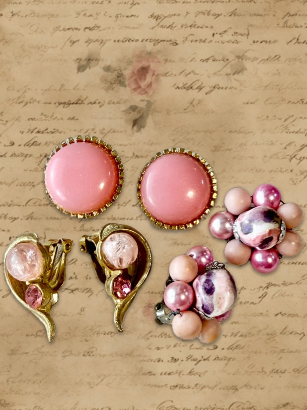 VINTAGE MCM Pretty in‎ Pink earring trio set estate jewelry clip bead rhinestone